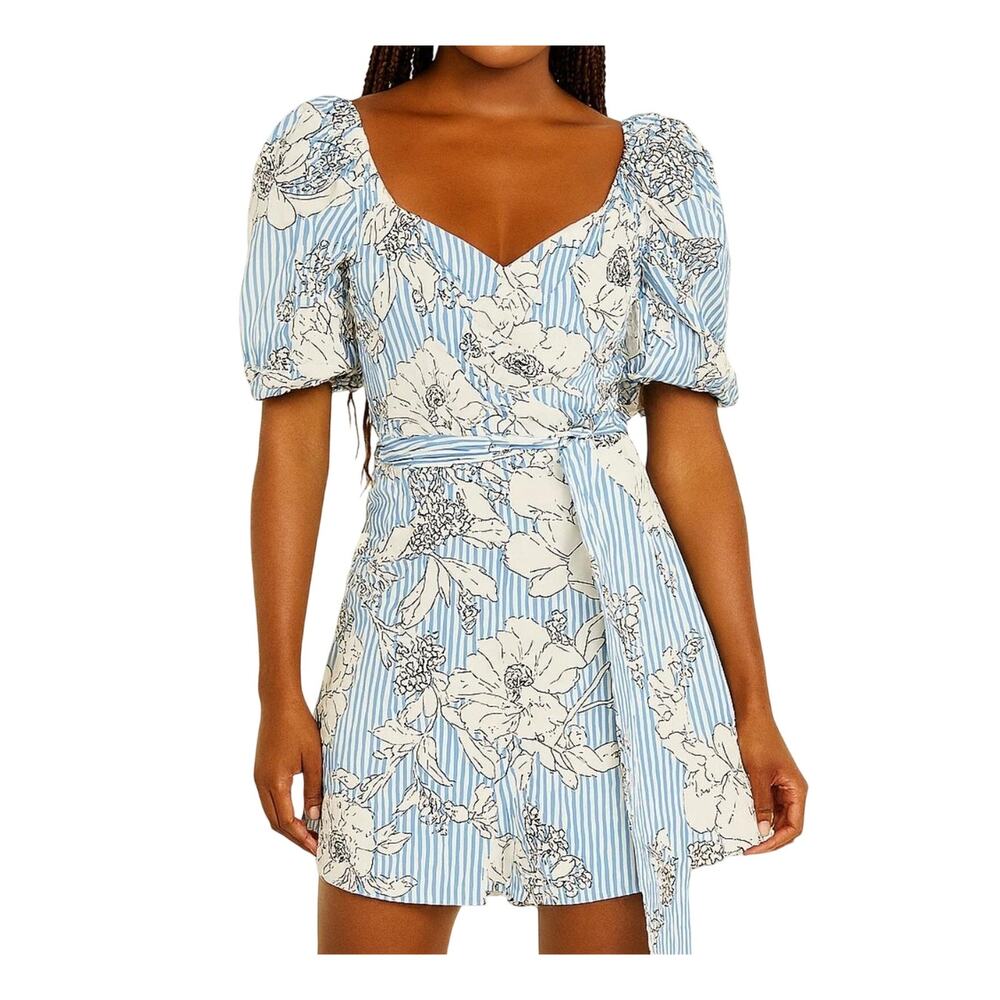 Blashe Blue White Pinstriped Floral Cotton Puff Sleeve Wrap Cottagecore Y2K M